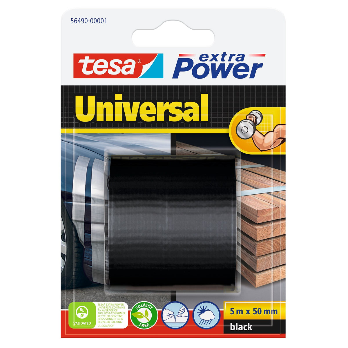 tesa extra Power Universal >60% Recycled Plastic Allzweck-Klebeband schwarz, 5 m x 50 mm