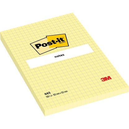 En gul Post-it® Notes blok i stort format (101 x 152 mm) med gitter, 100 ark, fra 3M Deutschland GmbH, model SGSCH-PEFC-COC-110078, 100% PEFC-certificeret.