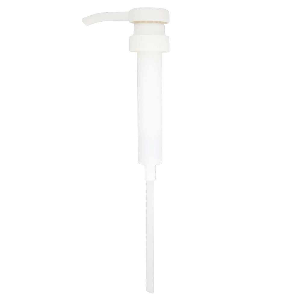 En hvid plastikhåndpumpe til 5L dunke (1 stk, 1 ml slag) fra Diversey Deutschland GmbH & Co. OHG, ideel til direkte hånddosering, med langt dypperør og fotograferet på en enkel hvid baggrund.