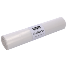 Abgebildet ist eine Rolle EMIL DEISS KG-Müllbeutel DEISS 59001 (700x1100 mm Typ 20 transparent, 50 Stück) auf weißem Hintergrund - perfekt für die Verpackung und die praktische Abfallentsorgung im praktischen, transparenten Rollendesign.