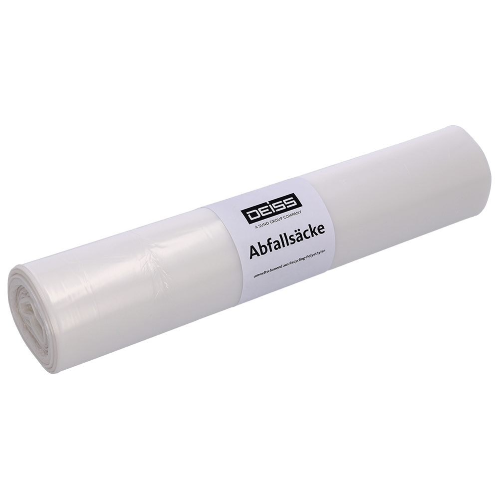 Eine weiße Rolle der EMIL DEISS KG (GmbH + Co.) DEISS 59024 - 620x720 mm transparenter Müllbeutel, Packung mit 50 Stück, liegt auf hellem Untergrund. Das Etikett zeigt den Markennamen und die Produktbeschreibung auf Deutsch.