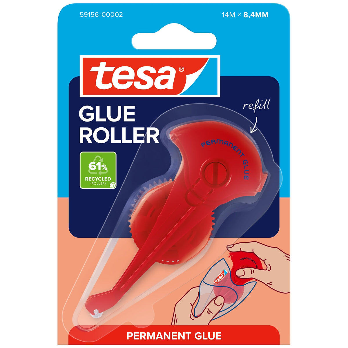 tesa GLUE ROLLER Permanent, transparent, Nachfüllung, ecoLogo, 14 m x 8,4 mm, Art.-Nr. 59156-00002-06
