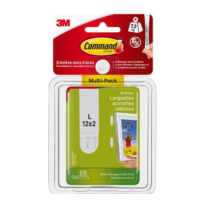 3M Deutschland GmbH Store Command™ Billedophængningsstrips L, 12 sæt i fordelspakke (17206-12) bærer op til 7,2 kg og muliggør skadesfri billedophængning uden boring. Emballage: hvid, rød og gul.