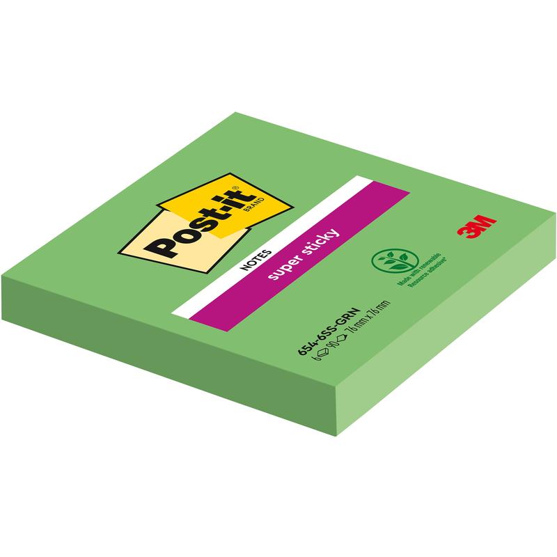 En Post-it® Super Sticky Notes blok (76 mm x 76 mm, 90 ark), fremstillet af 3M Deutschland GmbH, er vist i grøn. Etiketten viser brandlogoet, "Super Sticky", et genbrugssymbol og angiver, at det er lavet af 100% PEFC-certificeret materiale.
