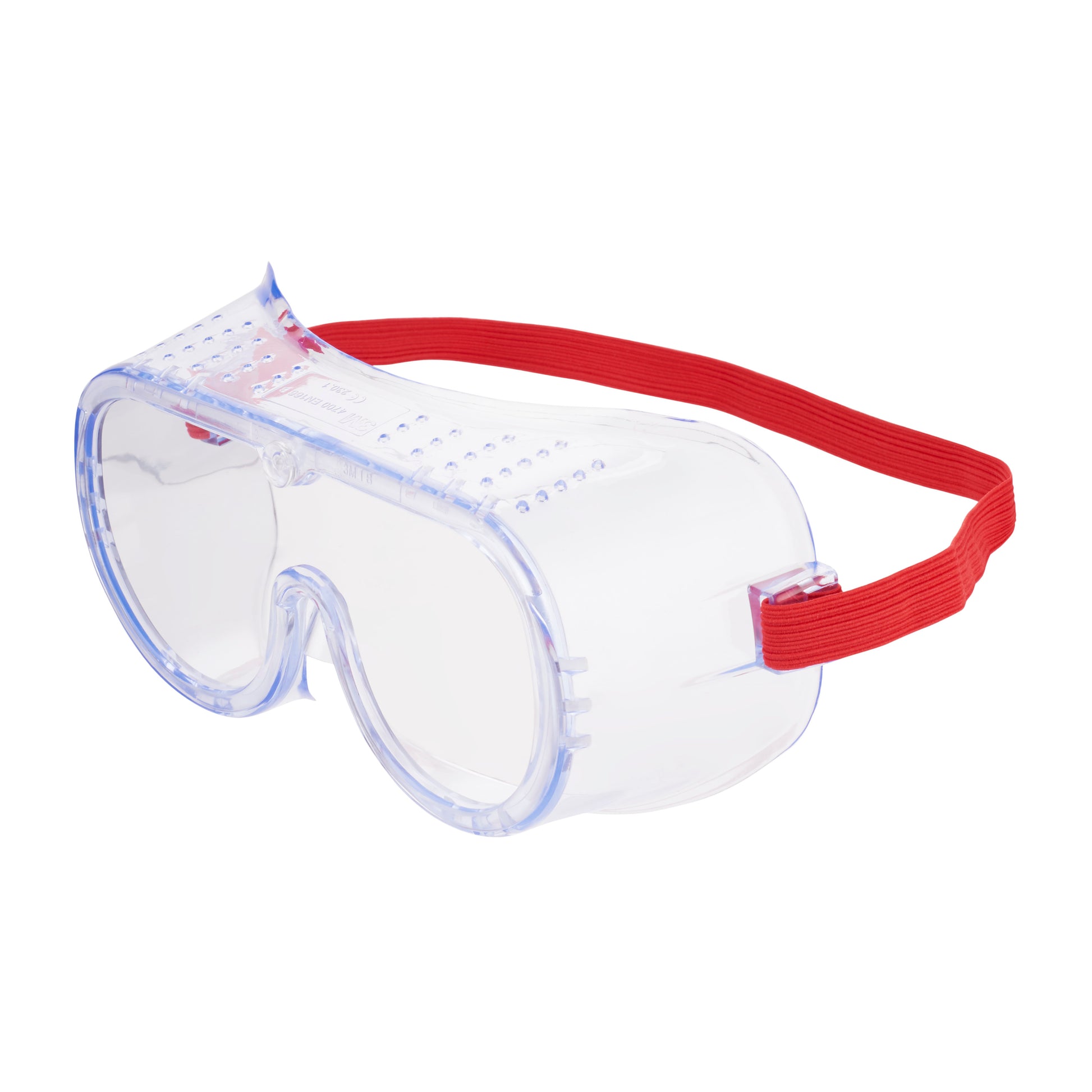 Die 3M™ Classic Schutzbrille 4700 von 3M Deutschland GmbH hat eine klare Scheibe, einen transparenten Rahmen mit Belüftungslöchern und ein rotes, verstellbares Gummiband. Abgebildet auf weißem Hintergrund. Packung mit 1 Stück.