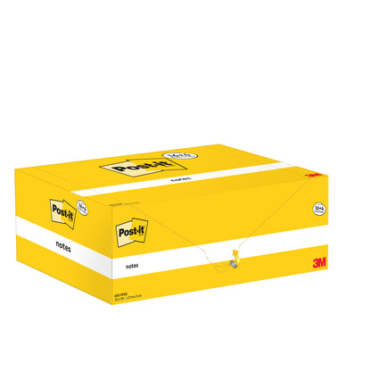 Eine gelbe, rechteckige Schachtel der 3M Deutschland GmbH Post-it® Notes, 76x127mm, 100 Blatt pro Block, mit 16 Blöcken plus 4 gratis pro Packung, PEFC-zertifiziert. Die geschlossene Schachtel mit Beschriftung ist auf weißem Hintergrund abgebildet.