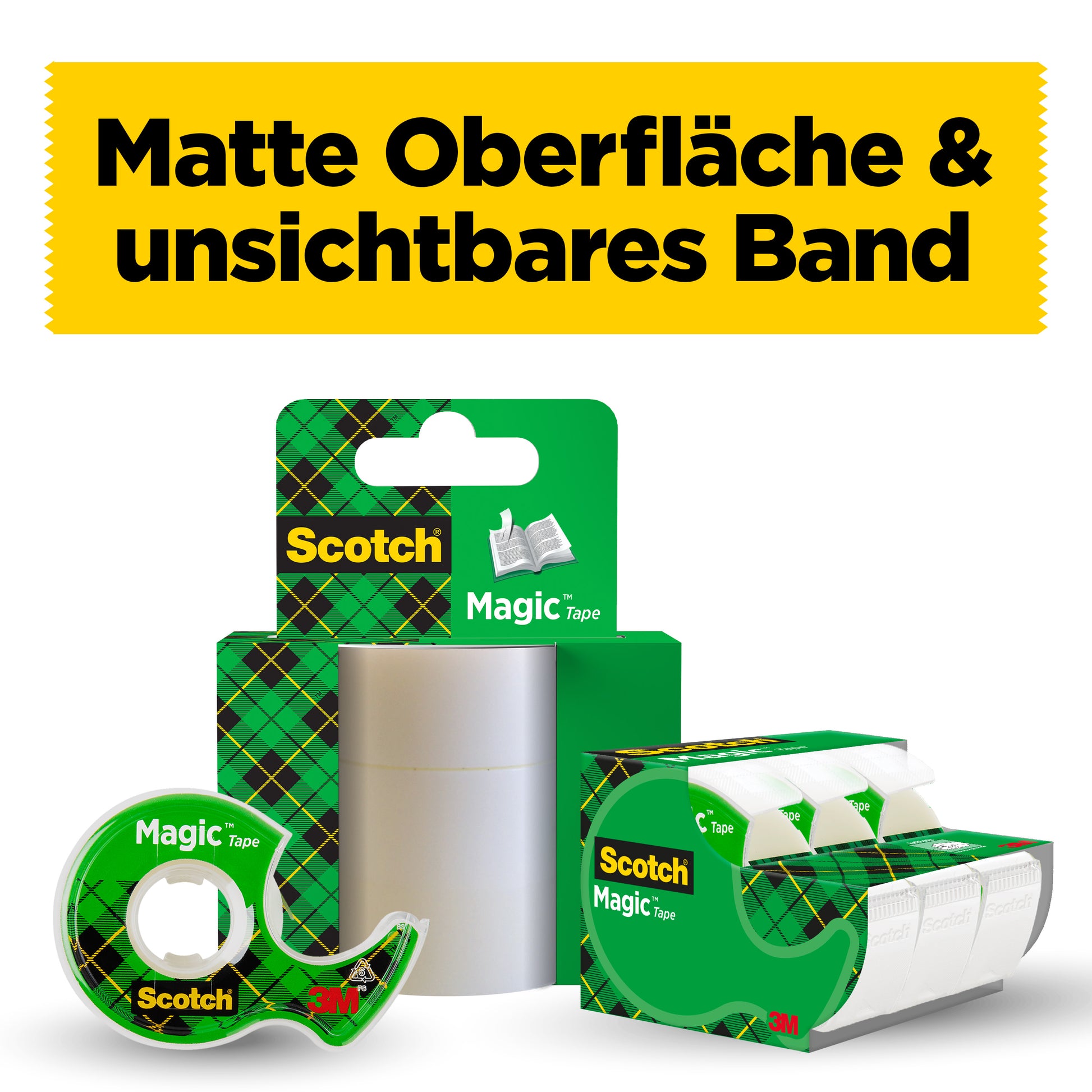 Unter einem gelben Banner mit der Aufschrift "Matte Oberfläche & unsichtbares Band" befindet sich ein Display mit Scotch® Magic™ Unsichtbares Klebeband der 3M Deutschland GmbH (19 mm x 25 m, 1 Rolle auf Handabroller plus 5 m gratis).