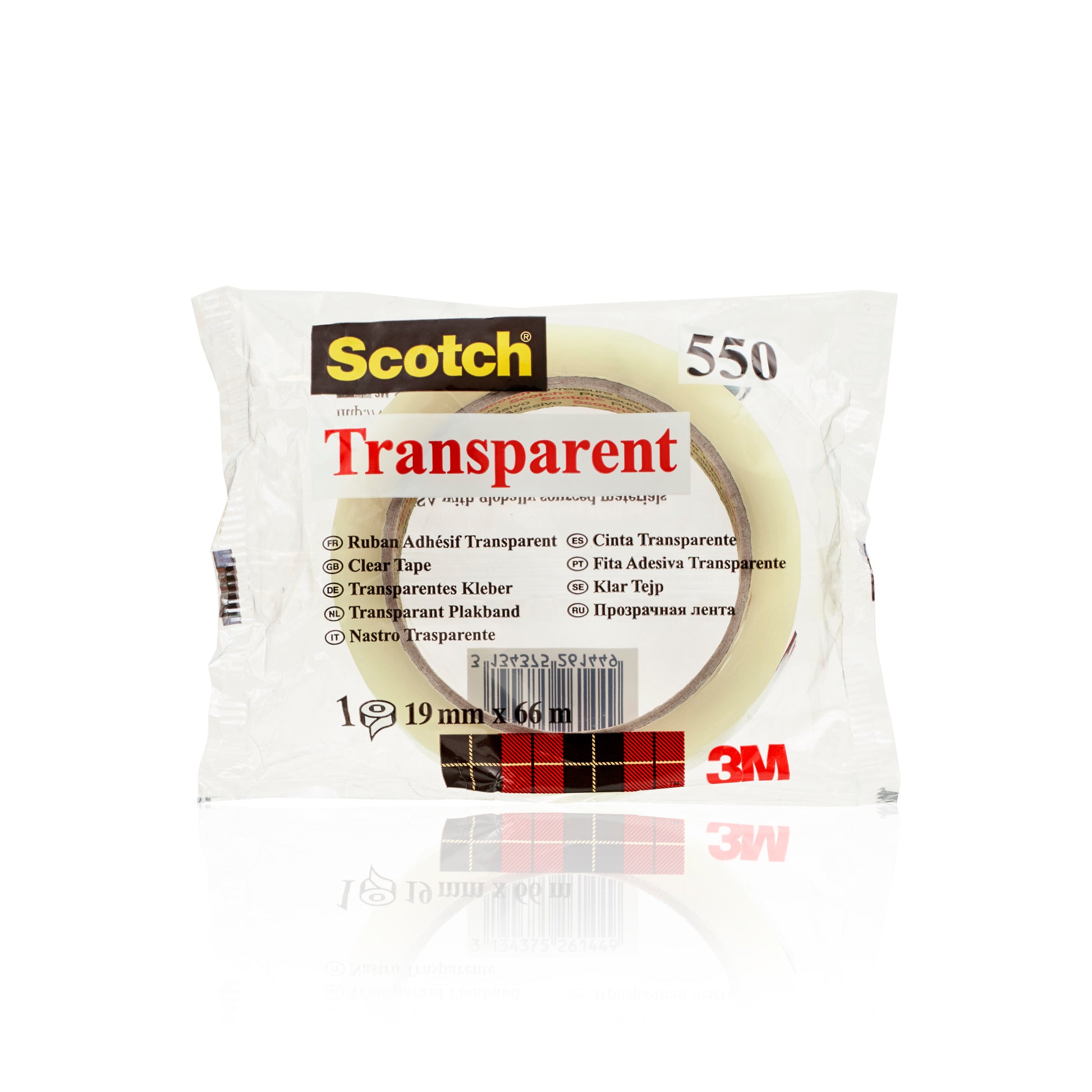 Eine Rolle 3M Deutschland GmbH Scotch® Transparentes Klebeband 550 in der Größe 19 mm x 66 m in einer durchsichtigen Kunststoffverpackung, auf der der Markenname, der Produkttyp und die Spezifikationen angegeben sind.