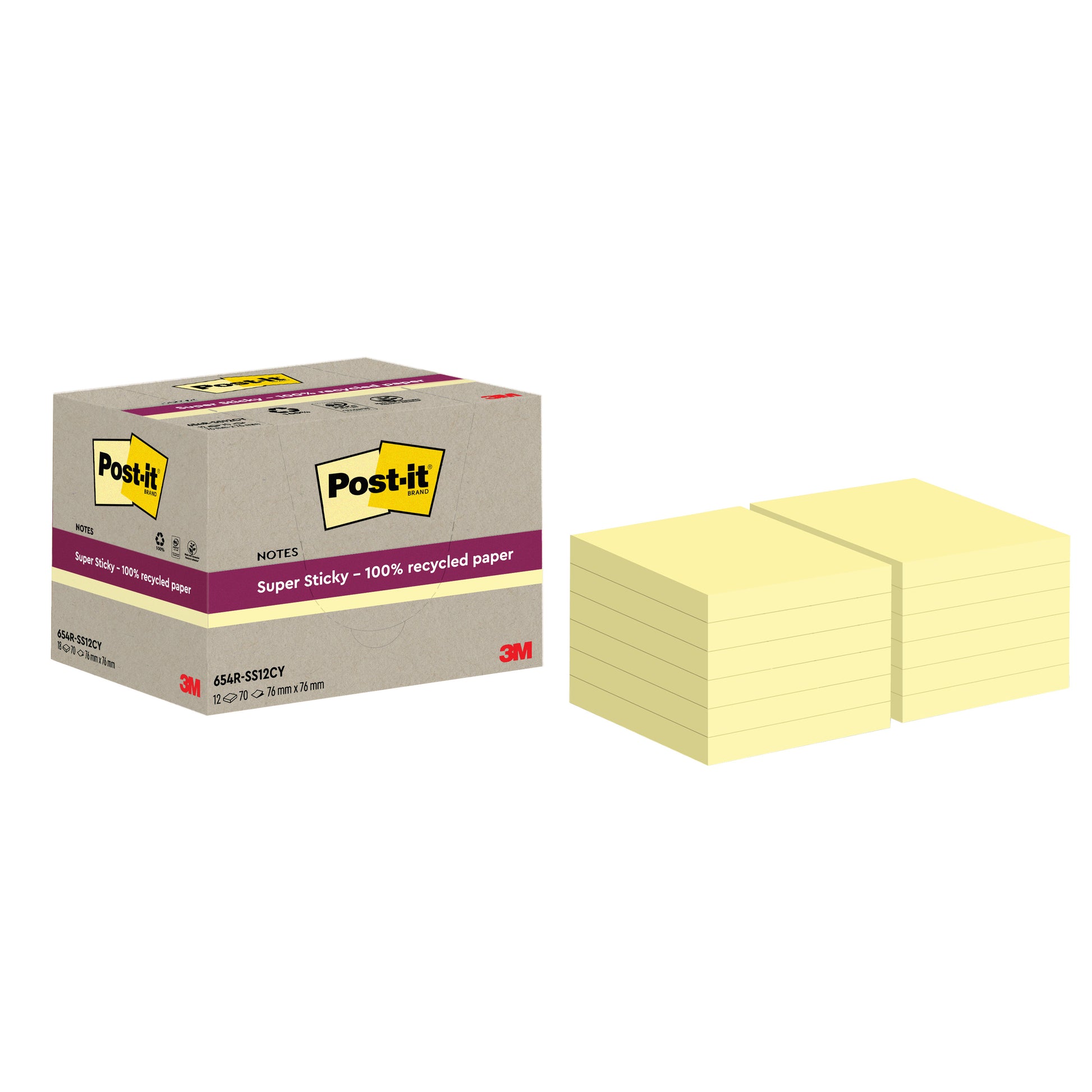 Eine Schachtel Post-it® Super Sticky 100% Recycling Notes (76 x 76 mm, 70 Blatt/Block, 100% PEFC) der 3M Deutschland GmbH wird neben zwei Stapeln gelber Zettel gezeigt.