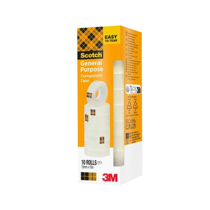 En karton Scotch® 508 Transparent tape fra 3M Deutschland GmbH indeholder 10 ruller (15 mm x 10 m) i en hvid-orange emballage med vertikale billeder af det stablede tape og produktinformationer.