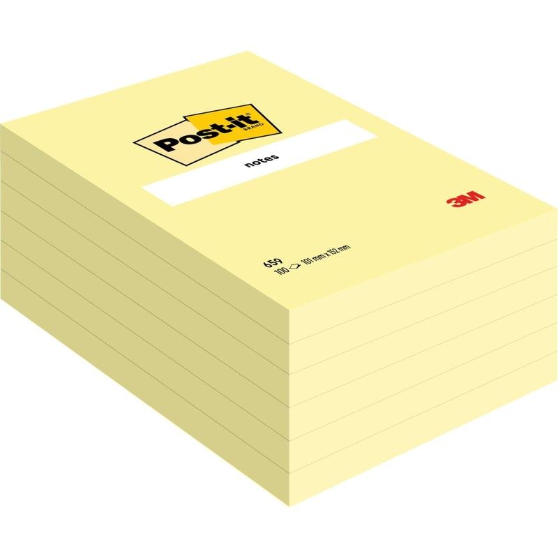 En stak nye, store, gule Post-it® Notes (101 mm x 152 mm) fra 3M Deutschland GmbH, med pænt justerede blokke og en "notes"-etiket ovenpå.