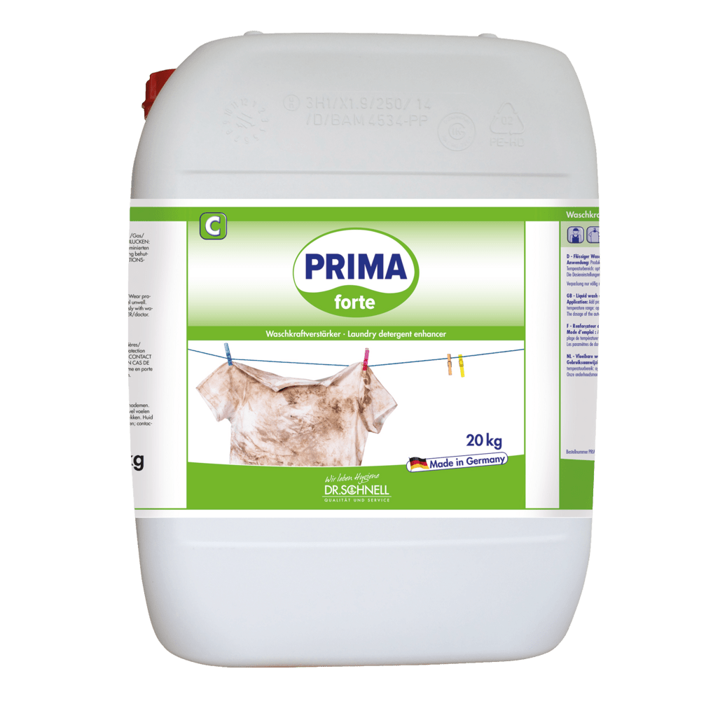 Ein weißer 20-kg-Behälter von Dr. Schnell PRIMA FORTE der DR.SCHNELL GmbH & Co. KGaA, mit einem grün-weißen Etikett, auf dem ein schmutziges Hemd auf einer Wäscheleine abgebildet ist. Ideal für die professionelle Reinigung; entfernt hartnäckige Flecken. Auf dem Etikett steht "Made in Germany".