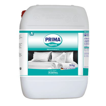 En hvid 20 kg plastbeholder med påskriften "Dr. Schnell PRIMA HYGIENE" fra DR.SCHNELL GmbH & Co. KGaA, afbildet med foldede håndklæder og puder. På etiketten står professionel rengøring og made in Germany.