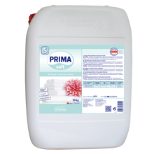 Ein weißer 20-kg-Kunststoffbehälter von Dr. Schnell PRIMA SOFT soft Weichspüler der DR.SCHNELL GmbH & Co. KGaA, mit einem blau-weißen Etikett mit gefalteten Handtüchern, einer rosafarbenen Blume und Produktangaben in deutscher Sprache.