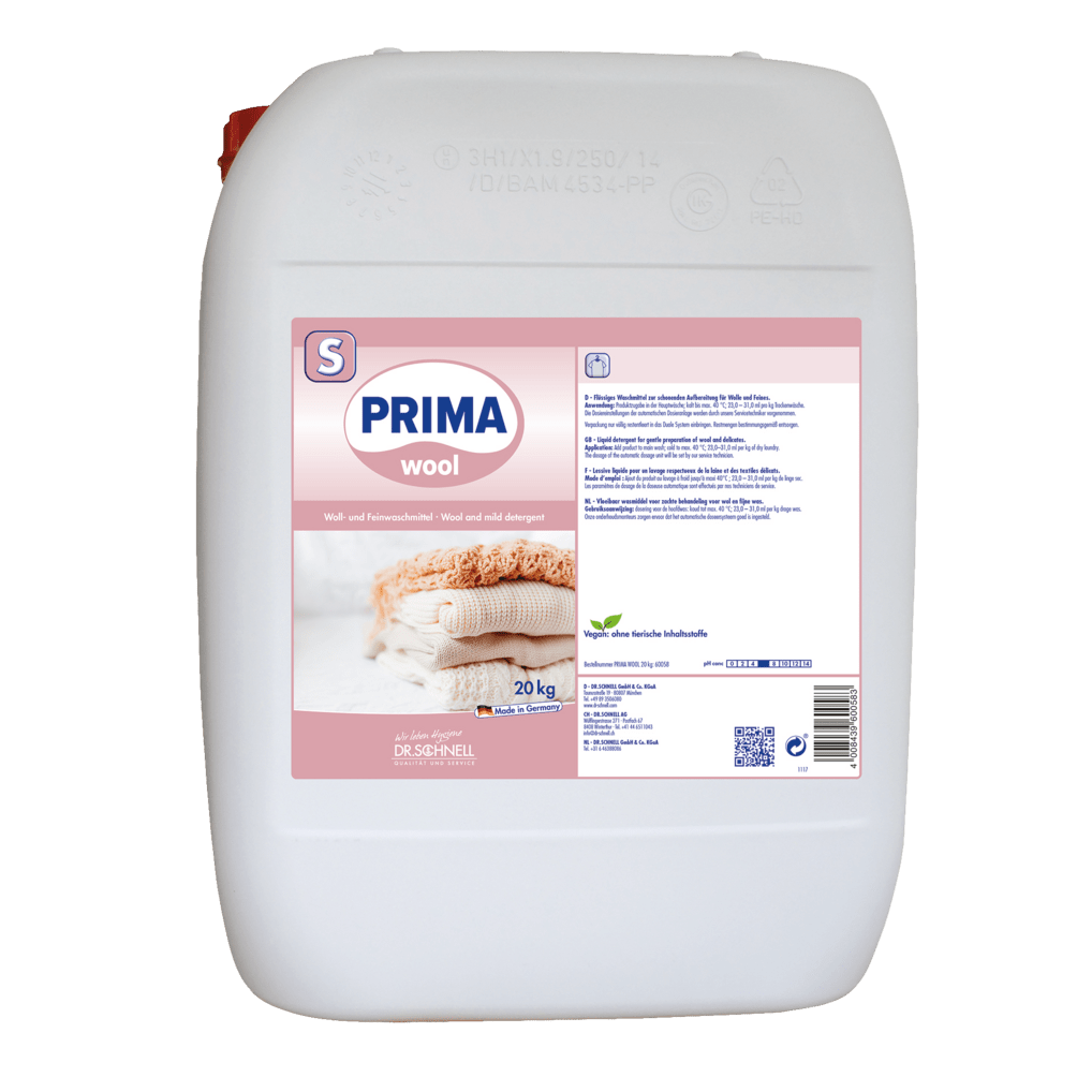 En hvid 20 kg dunk Dr. Schnell PRIMA WOOL Flydende vaskemiddel til uld og fine tekstiler fra DR.SCHNELL GmbH & Co. KGaA, rengør hygiejnisk uld og fine tekstiler med produktinformation og brugsanvisninger på etiketten.