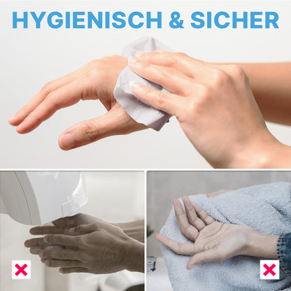 Eine Hand wischt eine andere mit einem Tuch ab. Unten sind zwei Bilder von Händen unter einem Lufttrockner und dem Abtrocknen mit einem Handtuch mit roten X's markiert - ein Hinweis auf die hygienische Verwendung von ARNOMED PAPIERHANDTÜCHER 25 x 23 cm | V-FALZ der ARNOWA GmbH.