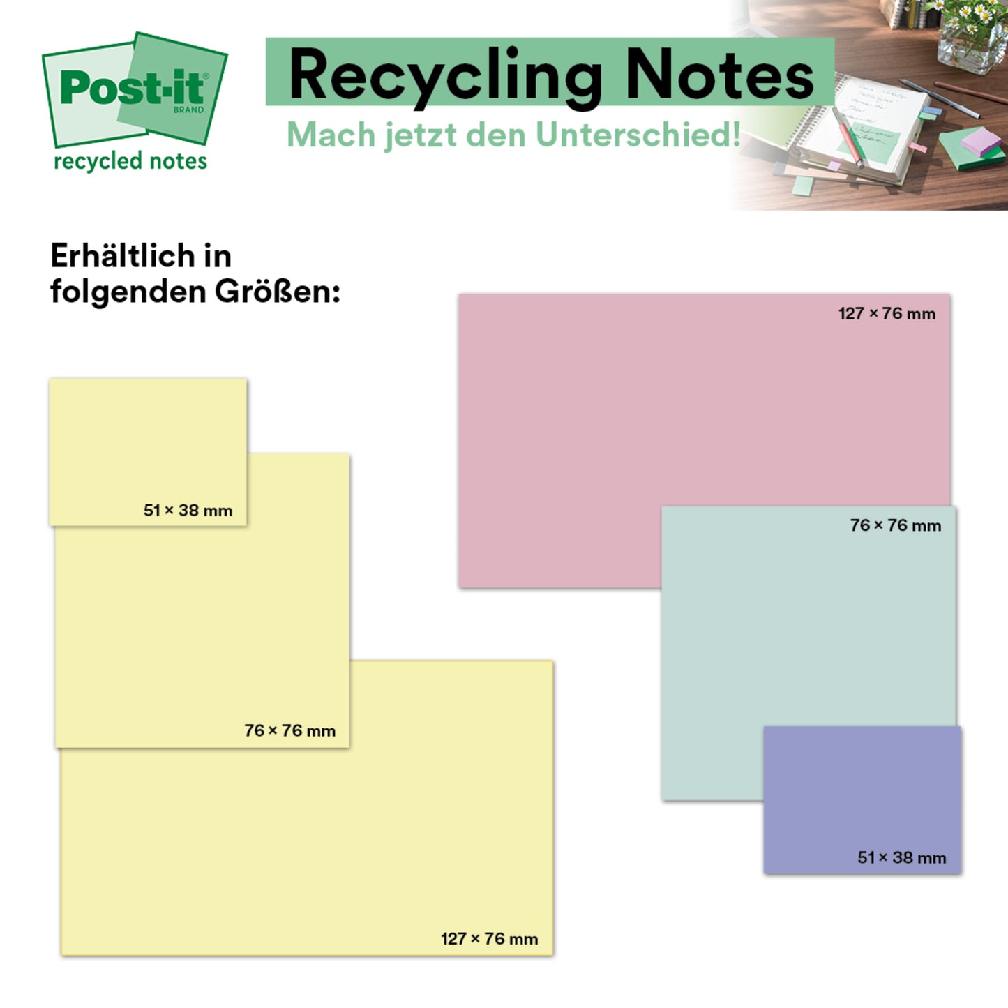 Post-it® Recycling Notes von 3M Deutschland GmbH in verschiedenen Farben und vier Größen (51x38, 76x76, 127x76, 127x102 mm) mit Büro-Hintergrund. Text auf Deutsch. Größe: 76 x 127 mm, 100 Blatt/Block, 100% PEFC.