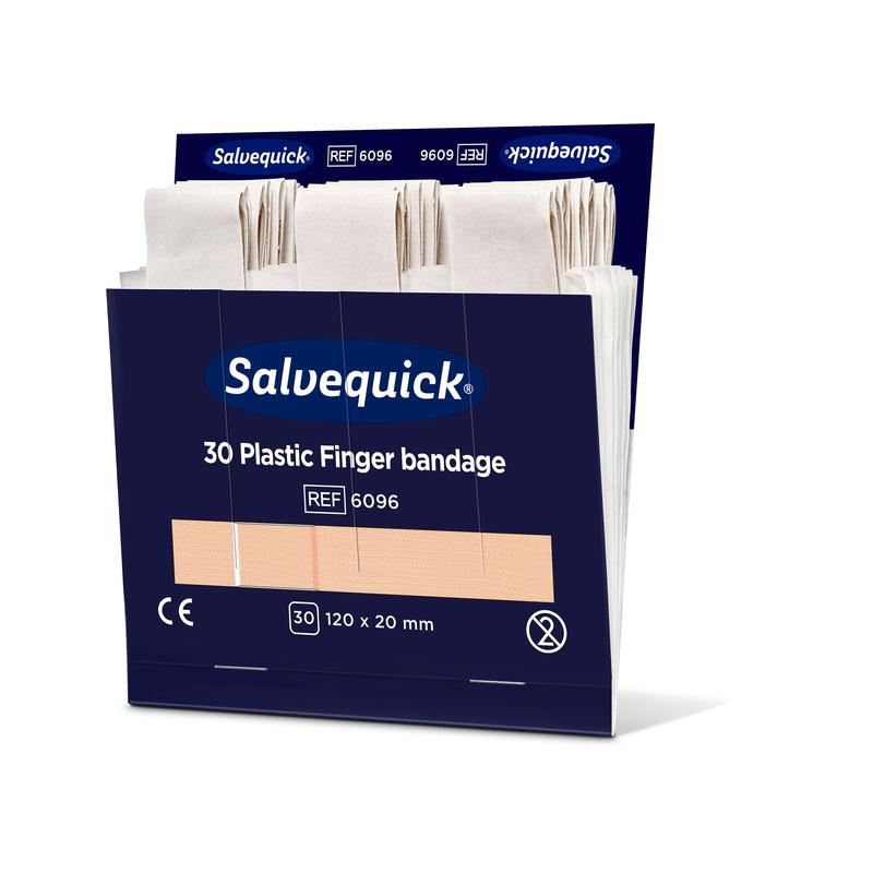 En æske Orkla Wound Care AB fingerbind af plastik, 120 x 20 mm, 30 stk, viser flere beige fingerbind i den åbne mørkeblå emballage med hvid og blå skrift. Pakken indeholder 6 stk.