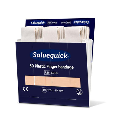 En æske Orkla Wound Care AB fingerbind af plastik, 120 x 20 mm, 30 stk, viser flere beige fingerbind i den åbne mørkeblå emballage med hvid og blå skrift. Pakken indeholder 6 stk.