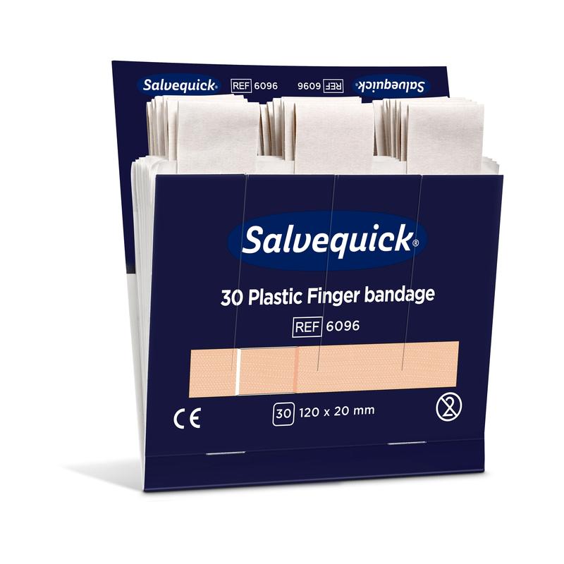 Eine teilweise geöffnete Schachtel Orkla Wound Care AB Fingerbinde aus kunststoff, 120 x 20 mm, 30 Stück/Packung (6 Stück), mit einzeln verpackten Binden und Produktangaben auf der Verpackung.