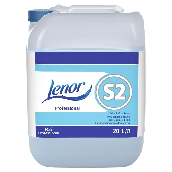 Ein 20-Liter-Kanister der DR.SCHNELL GmbH & Co. KGaA P&G PROFESSIONAL LENOR S2 Extra Weich, hochkonzentrierter Weichspüler, mit blauem Schraubdeckel und Griff, sowie einem blau/weißen Etikett in Englisch und Russisch.