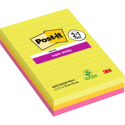 En pakke Post-it® Super Sticky Notes i stort format, 101 x 152 mm, linjeret, i forskellige farver. Indeholder 3 blokke à 75 ark (SGSCH-PEFC-COC-110078). Fra 3M Deutschland GmbH, med PEFC-certificering.
