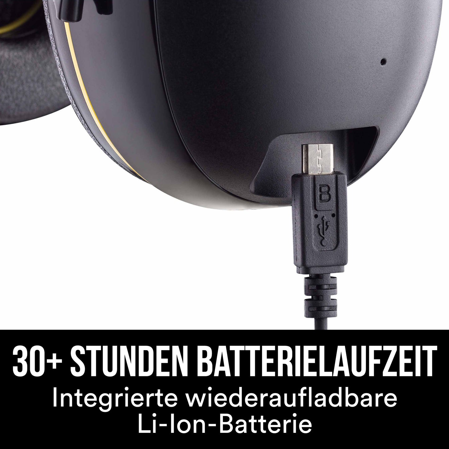 Nahaufnahme des 3M™ WorkTunes™ Connect Kapselgehörschutz 90543E (SNR 31 dB) von 3M Deutschland GmbH beim Aufladen über Micro-USB. Text: "30+ Stunden Batterielaufzeit. Integrierte wiederaufladbare Li-Ion-Batterie.