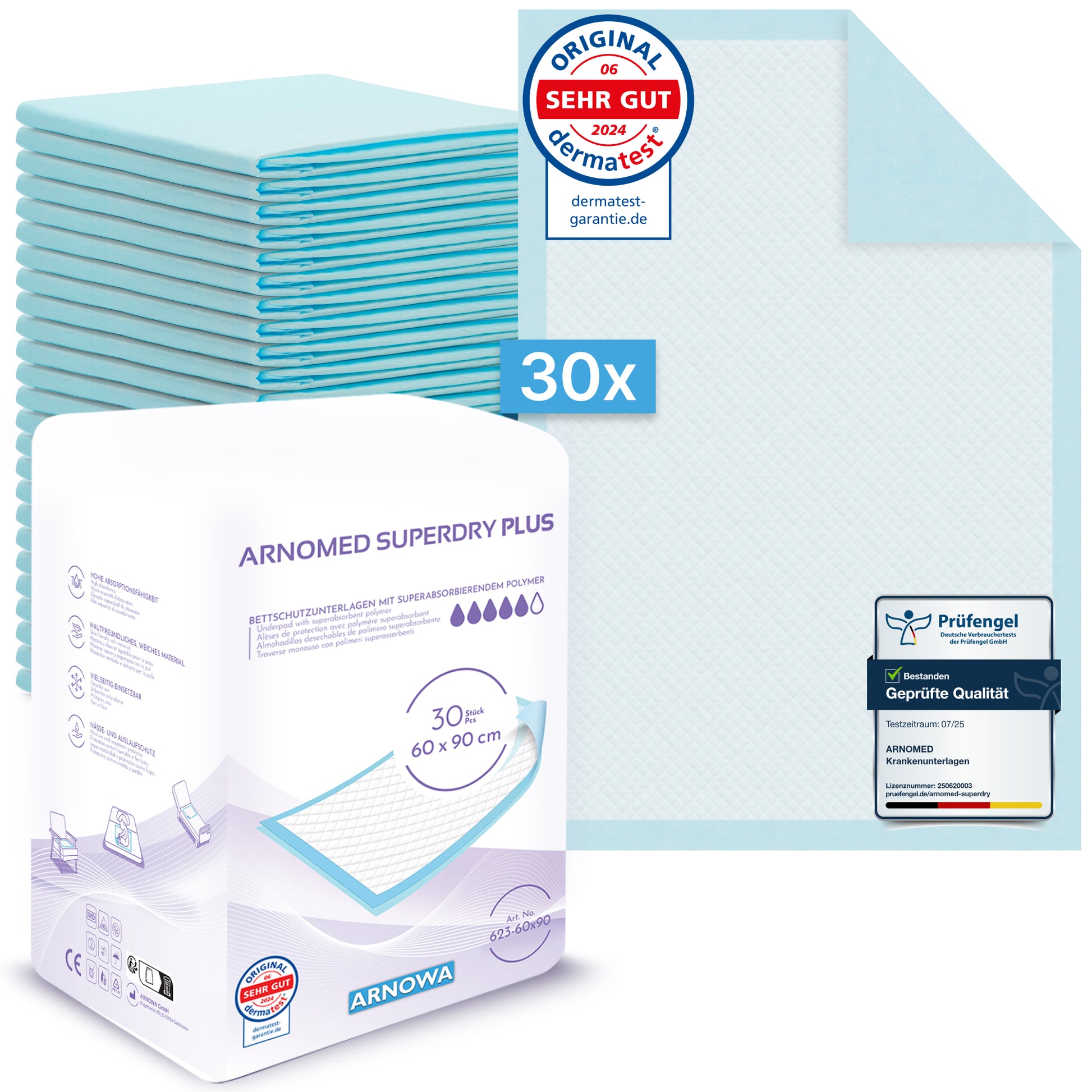 Eine Packung mit 30 ARNOMED SUPERDRY PLUS extra saugfähigen Betteinlagen (ARNOWA GmbH), je 60x90 cm mit SAP, ungefaltet und versiegelt für dermatest und Qualität gezeigt. Superabsorber sorgt für eine effektive Inkontinenzversorgung.