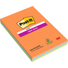Eine Packung Post-it® Super Sticky Notes im Großformat, Boost Collection, liniert (101 x 152 mm), 3 Blöcke à 45 Blatt, 100% PEFC-zertifiziert (SGSCH-PEFC-COC-110078) von 3M Deutschland GmbH.