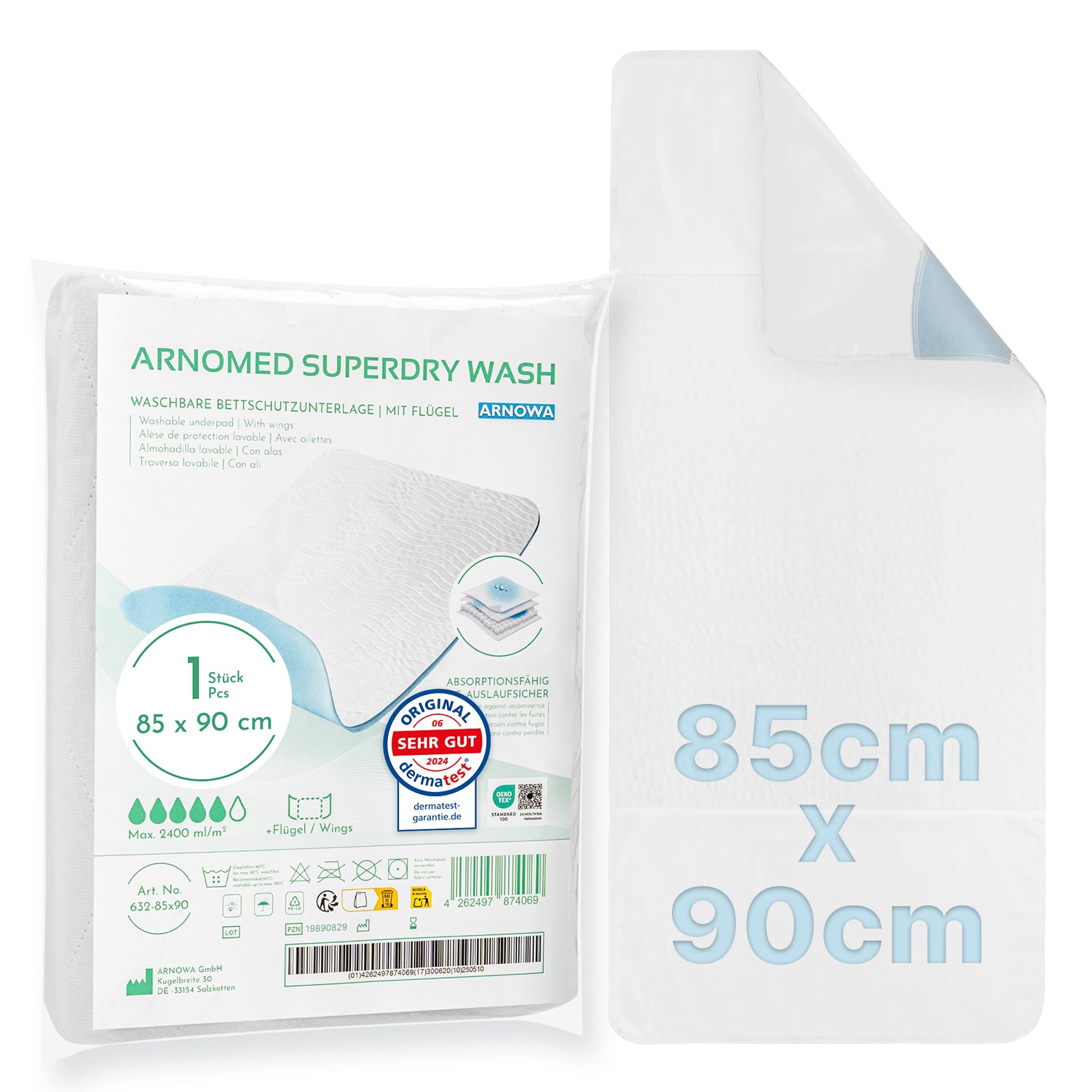 Eine verpackte und ungefaltete ARNOMED Waschbare Bettschutzunterlage mit Flügeln, Superdry (1 Stück, 85x90 cm) von ARNOWA GmbH; die Verpackung zeigt Produktinfos sowie eine blaue Zertifizierungsplakette für Bettschutz bei Inkontinenz.