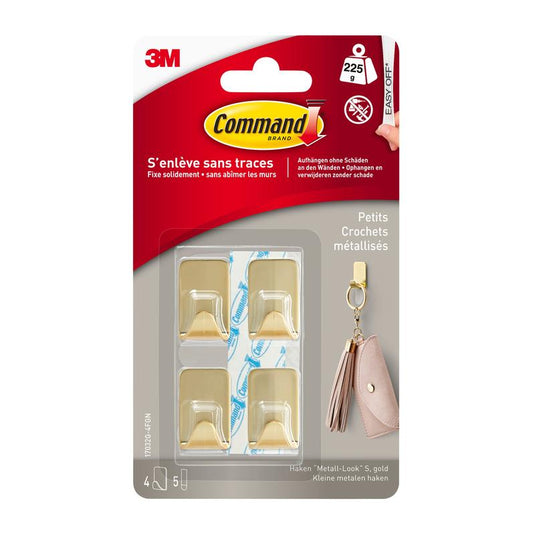 Command™-metalkrogen i størrelse S i guldfarve (17032BR-4ES) fra 3M Deutschland GmbH indeholder 4 kroge og 5 klæbestrimler til skadesfri fastgørelse – ideel til at hænge nøgleringe og meget mere op.