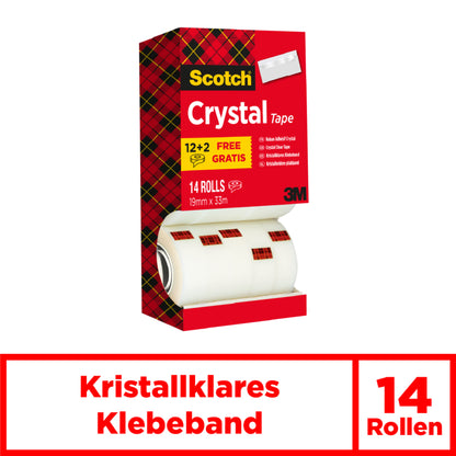Der Vorteilspack Scotch® Crystal Klebeband von 3M Deutschland GmbH enthält 14 Rollen (19 mm x 33 m) in einer roten Packung mit Karomuster und dem Aufdruck "Kristallklares, transparentes Klebeband, 14 Rollen".