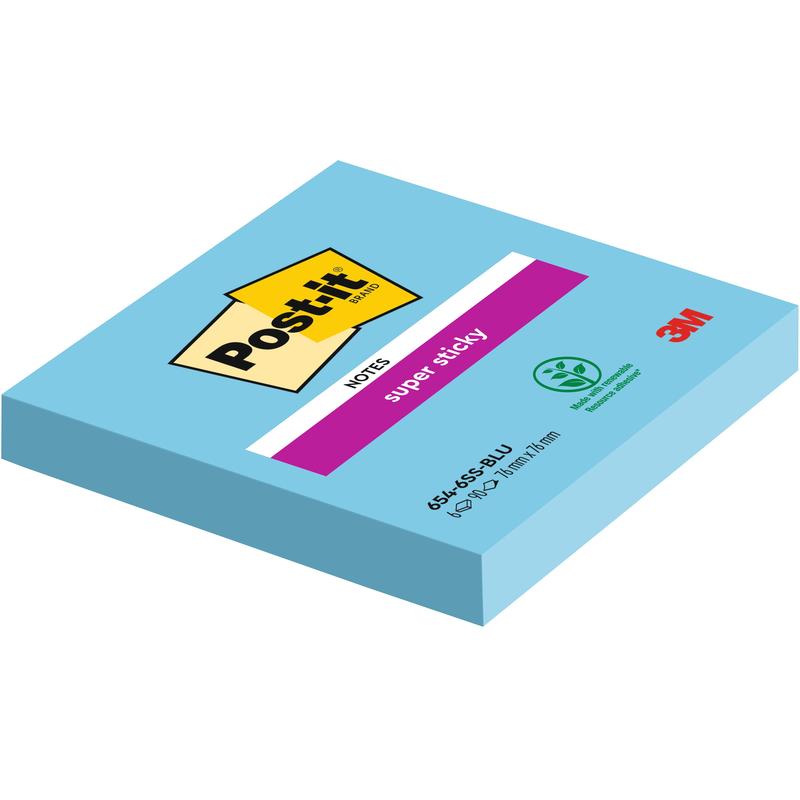 En blå blok af 3M Deutschland GmbH Post-it® Super Sticky Notes, 76 mm x 76 mm, 90 ark pr. blok, med logo og produktinformation på emballagen; lavet af 100% PEFC-certificeret materiale.