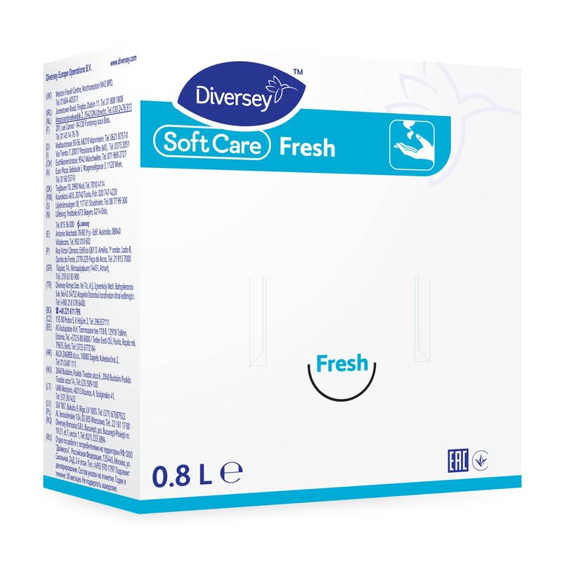 Billedet viser en overvejende hvid 0,8-liters boks af Soft Care Fresh, Milde Håndvaskelotion fra Diversey Deutschland GmbH & Co. OHG med blå tekst, produkt- og mærkelogoer og et symbol for hænder, der vaskes for skånsom rengøring.