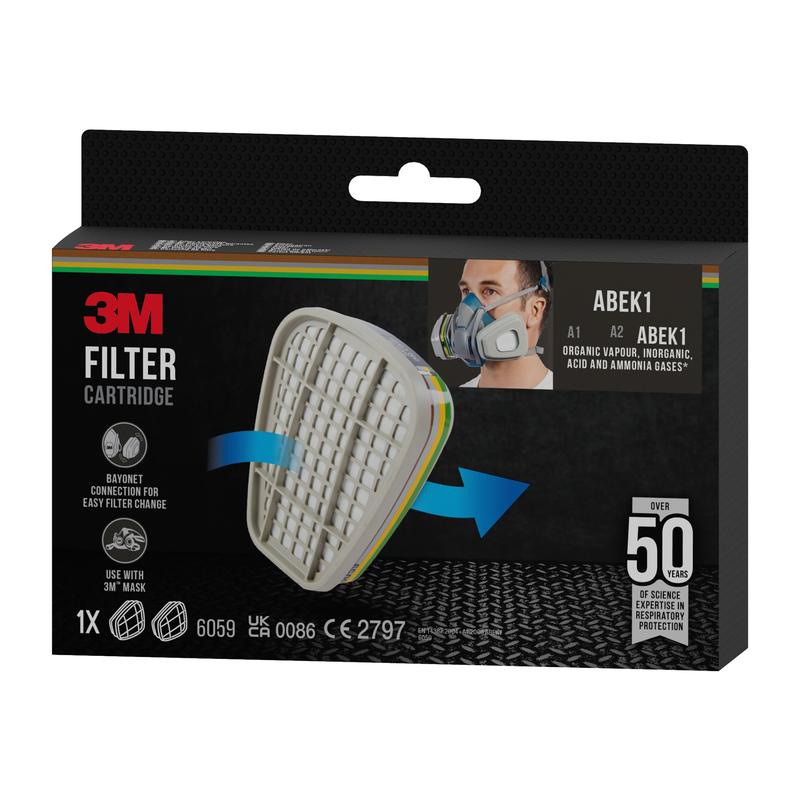 En rektangulær æske med 3M™ filterpatron 6059, ABEK1-kombinationsfilter (1 par/pakke) fra 3M Deutschland GmbH, designet til åndedrætsværn og beskyttelse mod forskellige gasser og dampe med over 50 års erfaring.