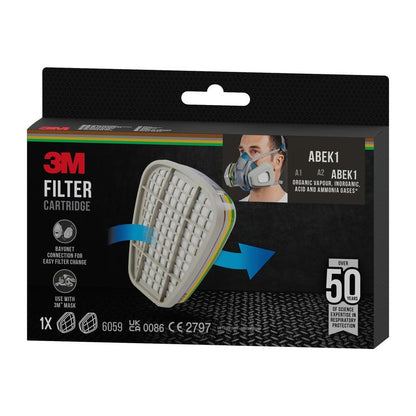 En rektangulær æske med 3M™ filterpatron 6059, ABEK1-kombinationsfilter (1 par/pakke) fra 3M Deutschland GmbH, designet til åndedrætsværn og beskyttelse mod forskellige gasser og dampe med over 50 års erfaring.