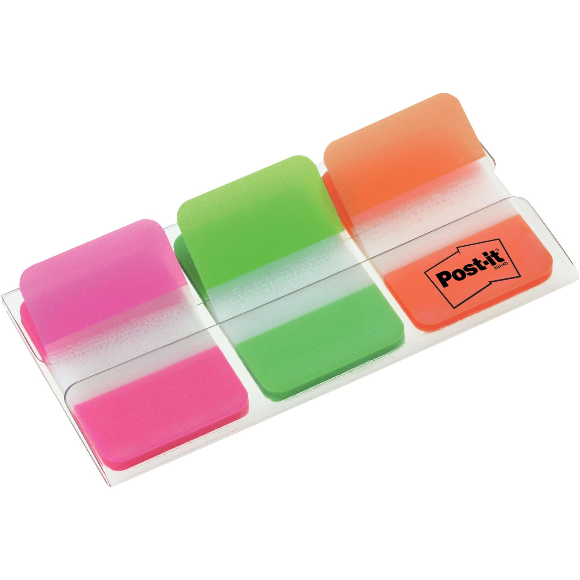 Ein durchsichtiger Kunststoffspender der 3M Deutschland GmbH fasst 66 Post-it® Index Strong Ablagetabs (25,4 x 38,1 mm) in verschiedenen Farben, wobei das Post-it Logo auf dem Halter sichtbar ist.