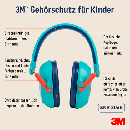 Der 3M™ Gehörschutz für Kinder PKIDSP-TEAL-E, türkis (87-98 dB) von 3M Deutschland GmbH zeigt ein kinderfreundliches Design mit starkem Kopfbügel, bequemen Ohrpolstern und faltbarem Sitz. 3M Logo in der Ecke. Die Packung enthält 1 Stück.