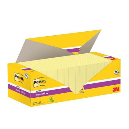 En åben gul æske med Post-it® Super Sticky Notes (76x76 mm, 90 ark/pad, 24 blokke, 100% PEFC) fra 3M Deutschland GmbH viser noteblokkene indeni med produktbranding og detaljer på emballagen.