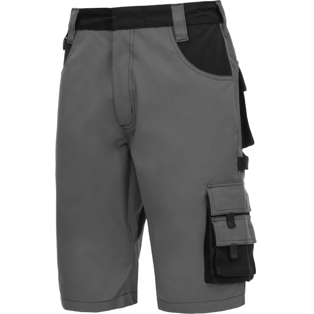 Disse grå cargoshorts med sorte accenter fra NITRAS MOTION TEX KIDS-kollektionen har flere lommer, herunder side- og baglommer. De er designet af AS Arbeitsschutz GmbH for høj bærekomfort og tilbyder en behagelig pasform med bæltestropper og knaplukning. Perfekt som åndbare børneudendørsbukser, fremstillet af åndbart materiale i en pakke.