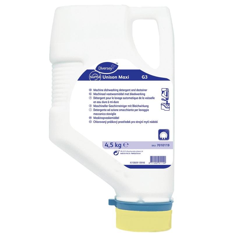 En hvid 4,5 kg patron Diversey Suma Unison Maxi G3 opvaskemiddel til middelhårdt til hårdt vand (klorholdig) med blå etiket, blå lukning og gul dispenser fra Diversey Deutschland GmbH & Co. OHG.