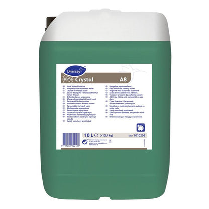 En grøn 10-liters plastbeholder med hvidt låg og etiket fra Diversey Deutschland GmbH & Co. OHG, viser Suma Crystal A8, Sur Klarspuler; ideel som sur klarspuler til professionelle opvaskemaskiner i opvask.