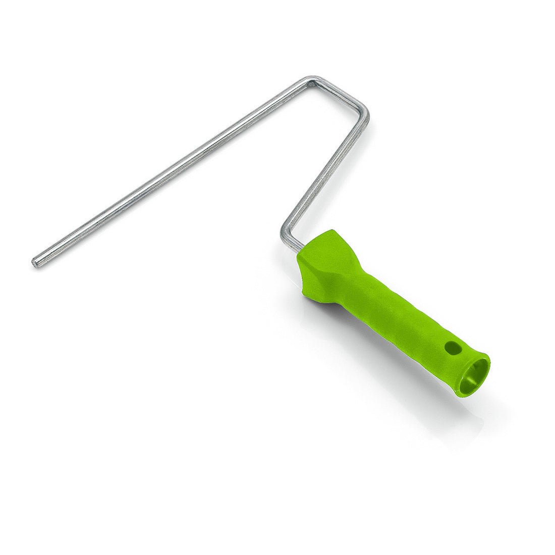 Nölle Profi Brush malerrullesystem 8 mm fra Nölle Profi Brush Børste- & Penselteknik e.K. er kendetegnet ved et lysende grønt plastikgreb og en metalstang, der er afbildet på hvid baggrund.