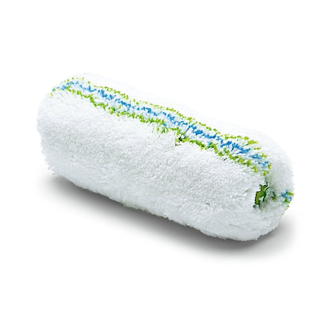 Nölle Profi Brush Meisterflor Universalrulle (Ø 44 mm, luvhøjde 18 mm) fra Nölle Profi Brush Børste- & Penselteknik e.K. er et hvidt malerrullebetræk med blå og grønne striber, der er perfekt til malerarbejde og er ny afbildet på en simpel hvid baggrund.