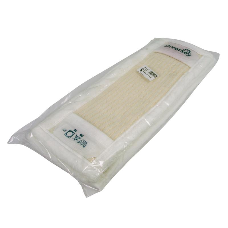 Pakket TASKI Multimop Combi 40 fra Diversey Deutschland GmbH & Co. OHG med hvid-beige stof, udvendige mikrofiberkanter, indvendigt bomuld-polyester-blanding, sløjfe-tufting for snavsoptagelse og glideevne - 1 stykke pr. pakke med plejesymboler og produktetiket.