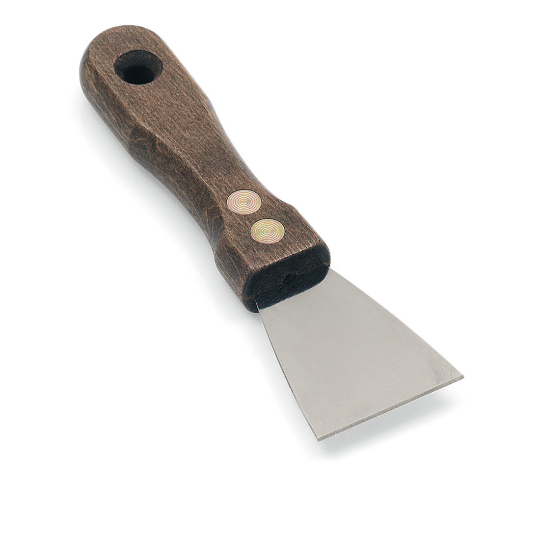 Die Nölle Profi-Bürste Profi-Entrostungsspachtel Edelstahl-Rostfrei von Nölle Profi Brush Bürsten- & Pinseltechnik e.K. hat eine kurze, breite Edelstahlklinge und einen dunklen Holzgriff mit Messingnieten und Aufhängeloch - ideal zum Entrosten.