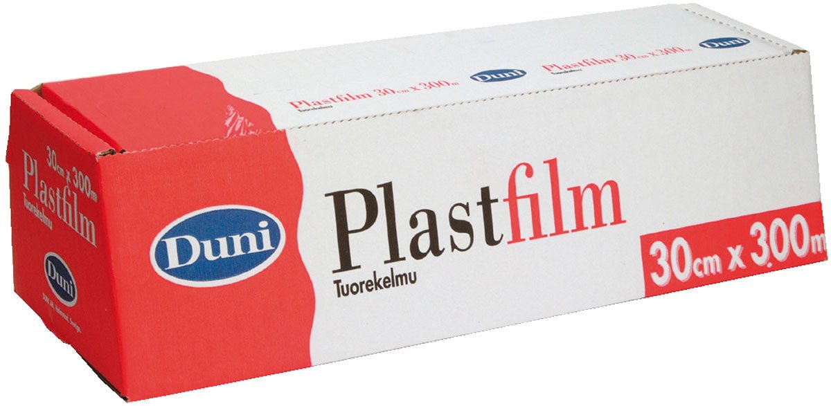 En rektangulær æske fra Duni GmbH med gennemsigtig PVC-fødevarefolie, 300 m, mærket med »30 cm x 300 m«, har et rød-hvidt design med et blåt logo. Den uåbnede æske holder fødevarer friske og har teksten »Tuorekelmu« under produktnavnet.