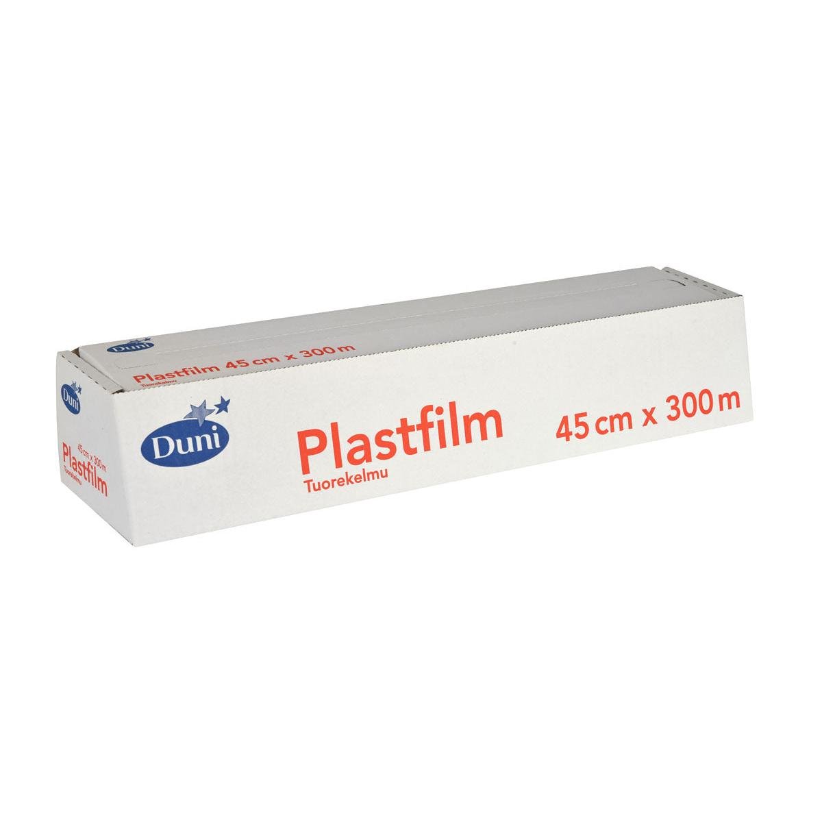 En rektangulær hvid karton med påskriften »Duni GmbH Frischhaltefolie Transparent PVC 300 m« i blå og rød skrift, ideel til at holde fødevarer friske. Den 45 cm brede rulle leveres i en emballage med perforeret kant, der gør det nemt at trække rullen ud.