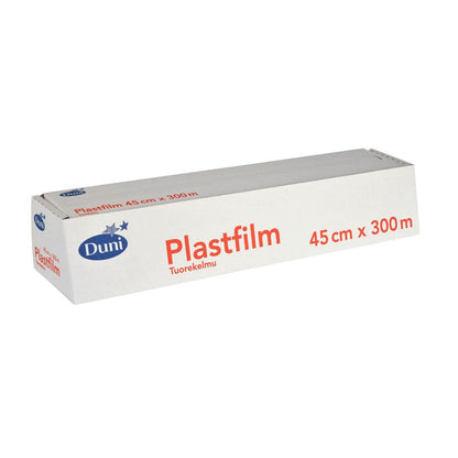 En rektangulær hvid karton med påskriften »Duni GmbH Frischhaltefolie Transparent PVC 300 m« i blå og rød skrift, ideel til at holde fødevarer friske. Den 45 cm brede rulle leveres i en emballage med perforeret kant, der gør det nemt at trække rullen ud.