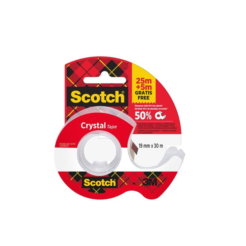 En rulle Scotch® Crystal tape (19mm x 25m) plus 5m GRATIS på en hånddispenser, fra 3M Deutschland GmbH, i en klar dispenser med klassisk rød-gul emballage.